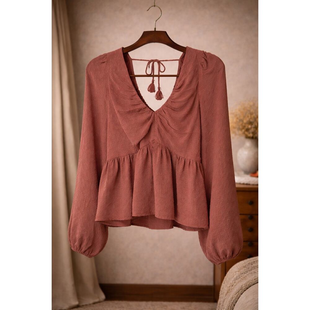 Anthropologie Blouse XL NWT Dusty Rose Smocked Back Tassel Tie Peplum Top Casual
